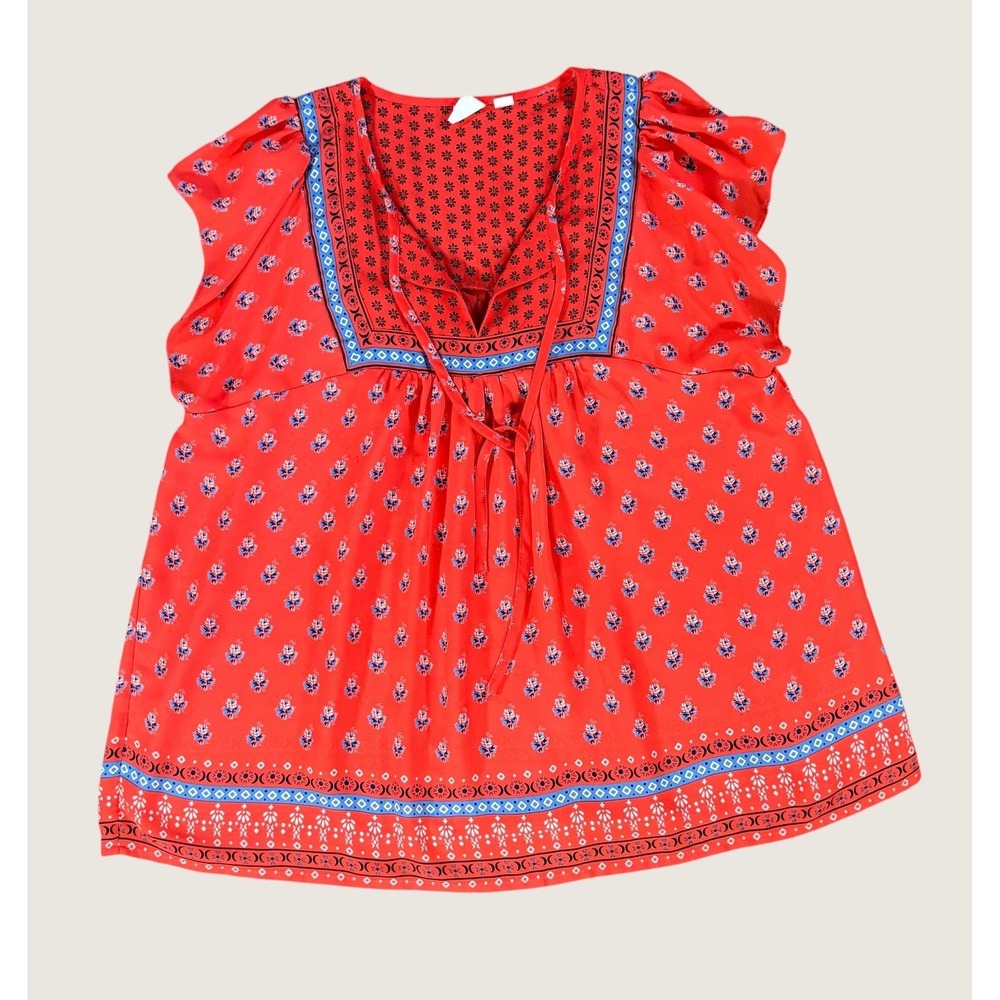 Gap Zen Flutter Top Red Floral Boho Cap Sleeve Blouse S 813310-00